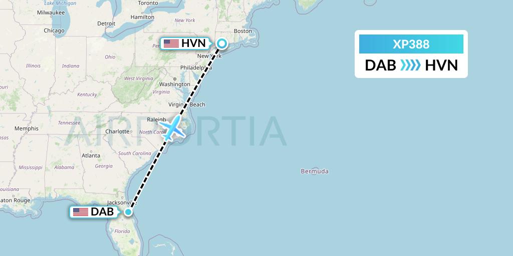 XP388 Avelo Airlines Flight Map: Daytona Beach to New Haven