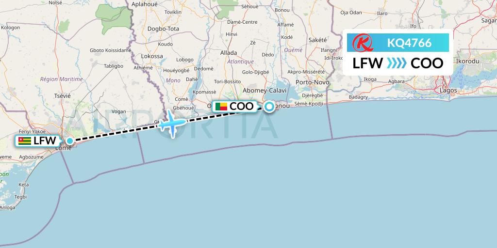 KQ4766 Kenya Airways Flight Map: Lome to Cotonou