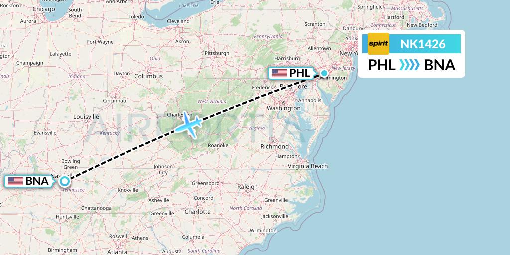 NK1426 Spirit Airlines Flight Map: Philadelphia to Nashville