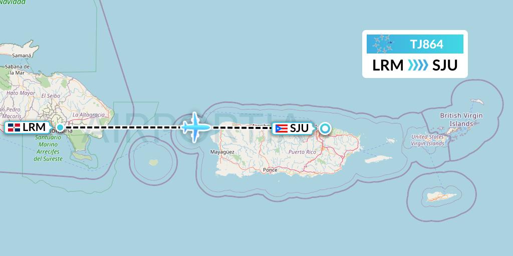 TJ864 Tradewind Aviation Flight Map: La Romana to San Juan