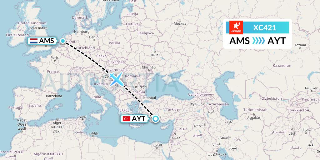 XC421 Corendon Airlines Flight Map: Amsterdam to Antalya