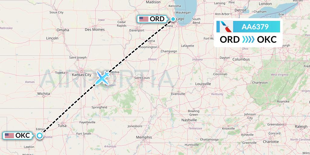 AA6379 American Airlines Flight Map: Chicago to Oklahoma City