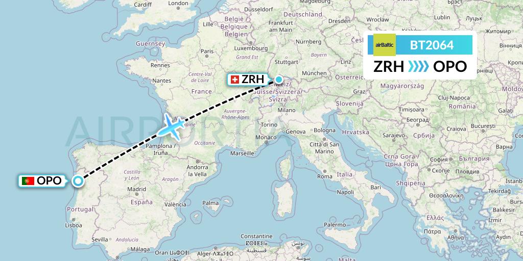 BT2064 Air Baltic Flight Map: Zurich to Porto