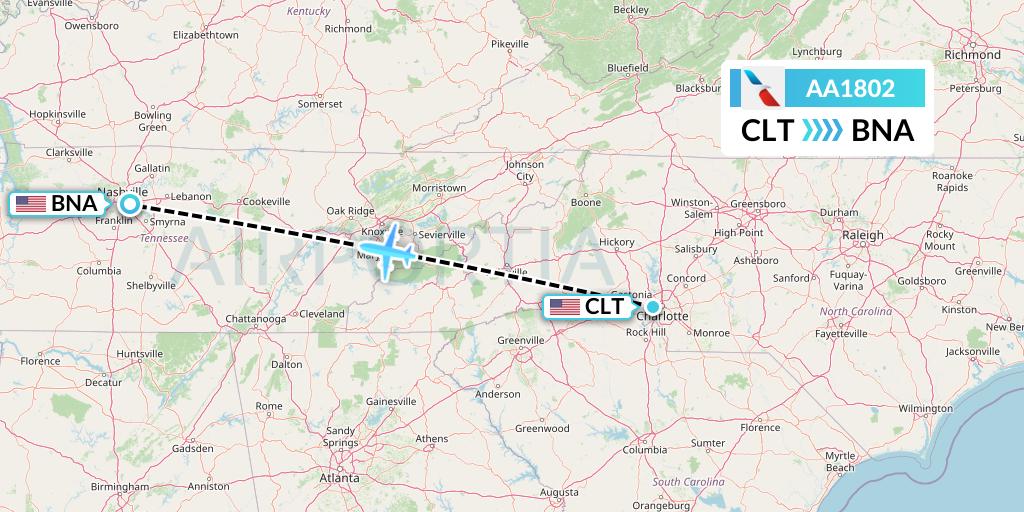 AA1802 American Airlines Flight Map: Charlotte to Nashville