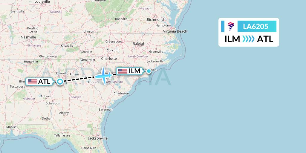 LA6205 LAN Airlines Flight Map: Wilmington to Atlanta
