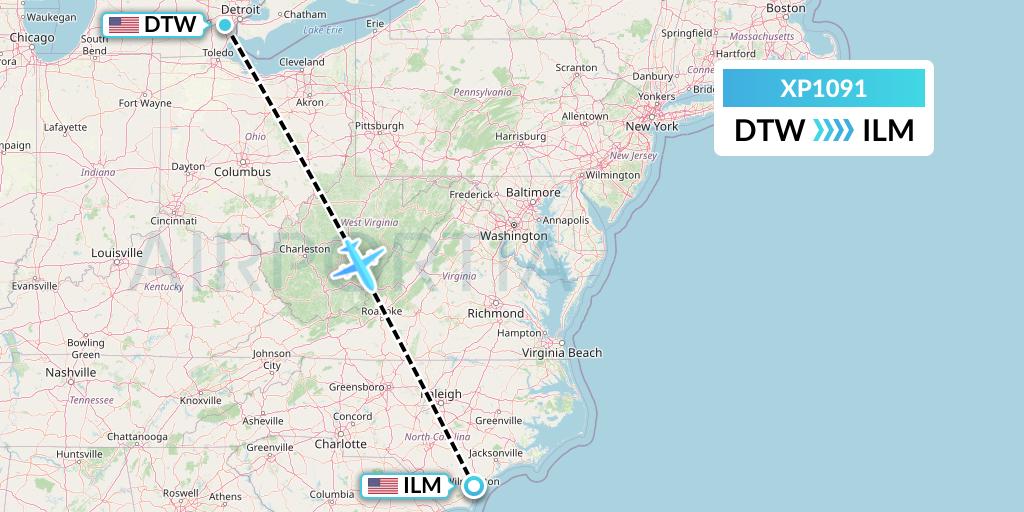 XP1091 Avelo Airlines Flight Map: Detroit to Wilmington