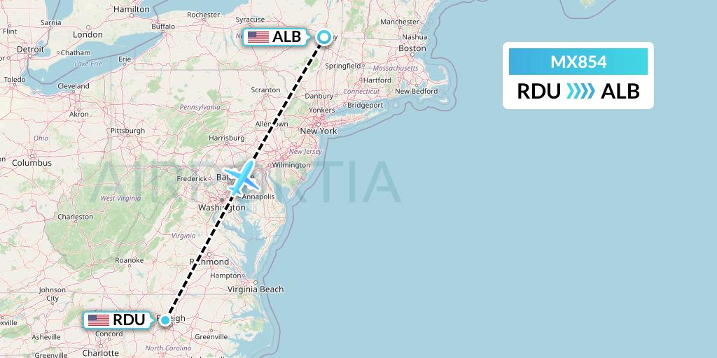 MX854 Breeze Airways Flight Map: Raleigh-Durham to Albany