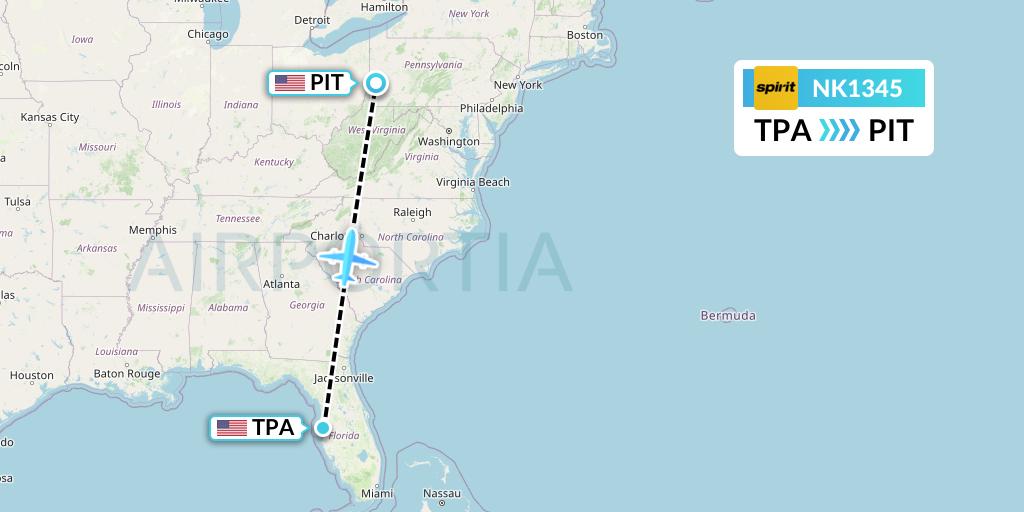 NK1345 Spirit Airlines Flight Map: Tampa to Pittsburgh