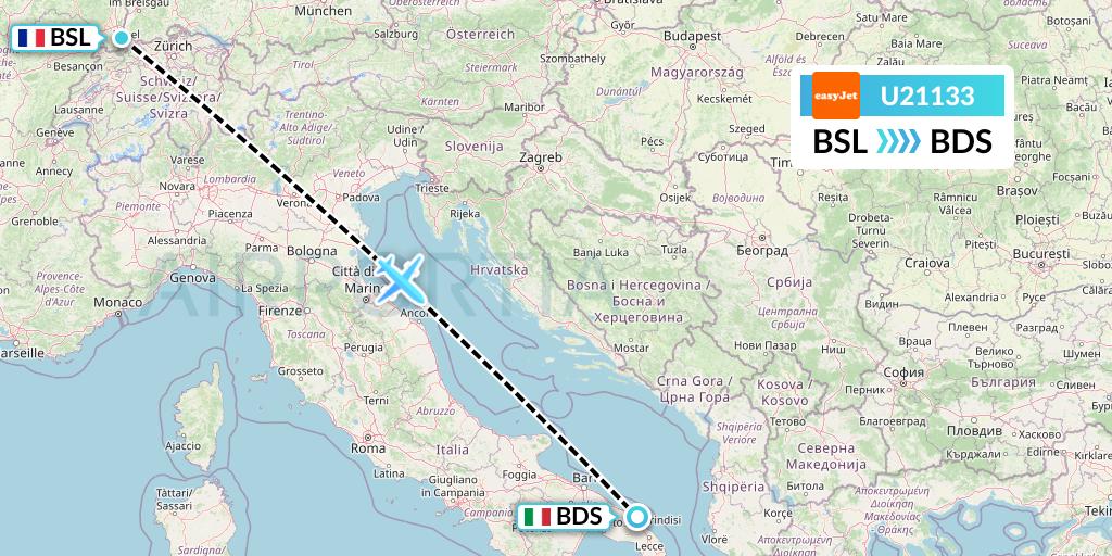 U21133 EasyJet Flight Map: Basel to Brindisi
