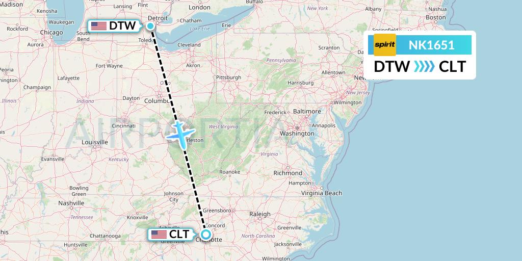 NK1651 Spirit Airlines Flight Map: Detroit to Charlotte