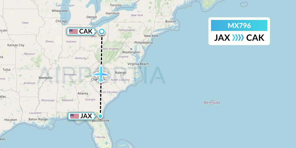 MX796 Breeze Airways Flight Map: Jacksonville to Akron