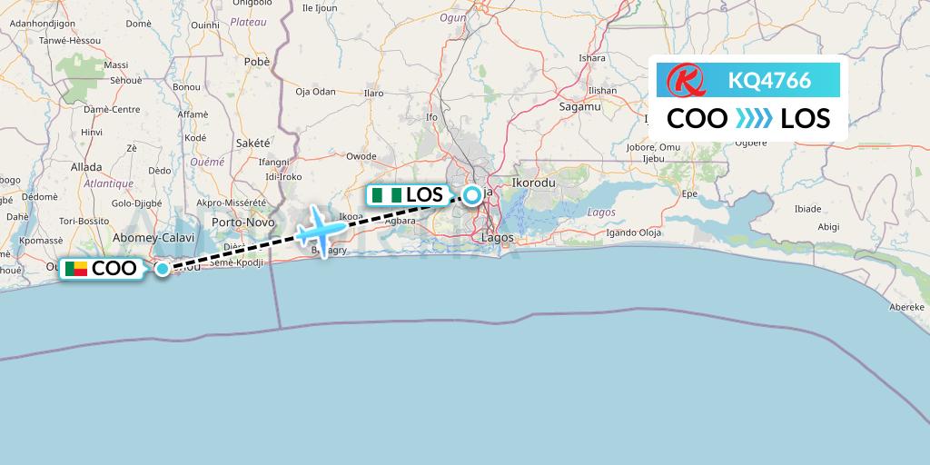 KQ4766 Kenya Airways Flight Map: Cotonou to Lagos