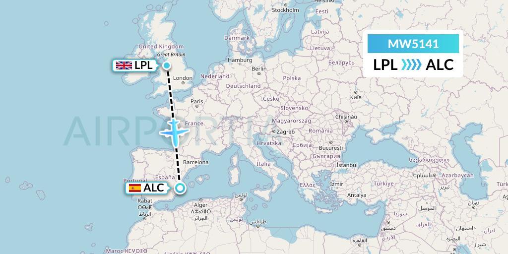MW5141 Mokulele Flight Service Flight Map: Liverpool to Alicante