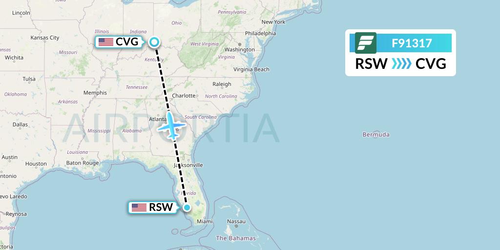 F91317 Frontier Airlines Flight Map: Fort Myers to Cincinnati