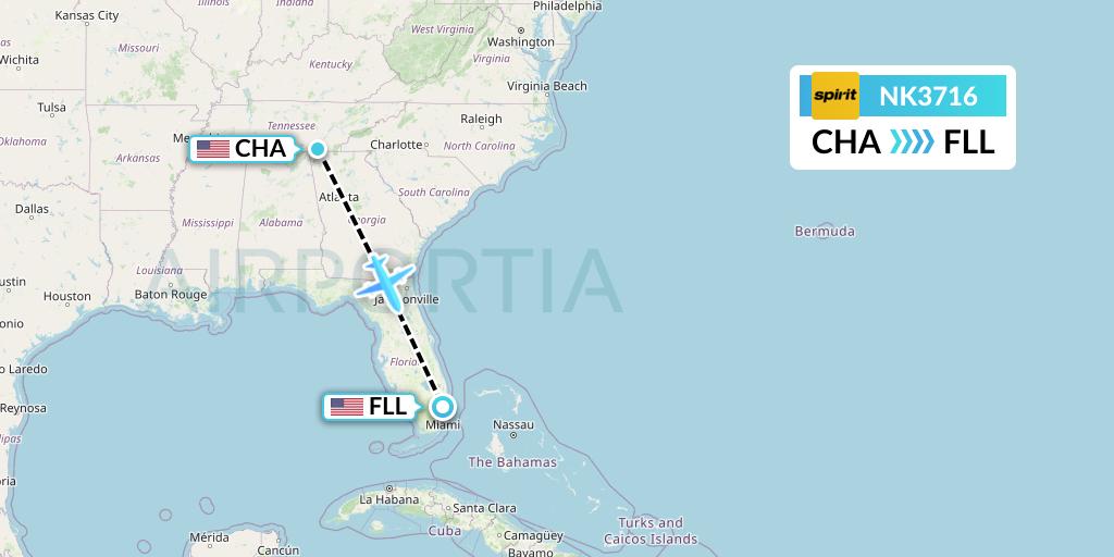 NK3716 Spirit Airlines Flight Map: Chattanooga to Fort Lauderdale