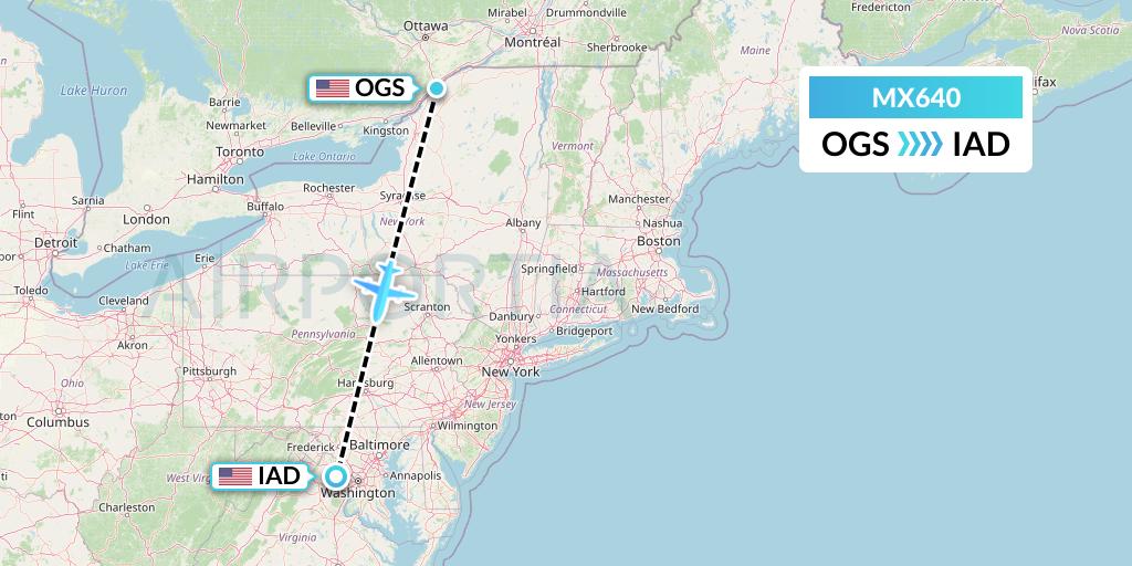 MX640 Breeze Airways Flight Map: Ogdensburg to Washington