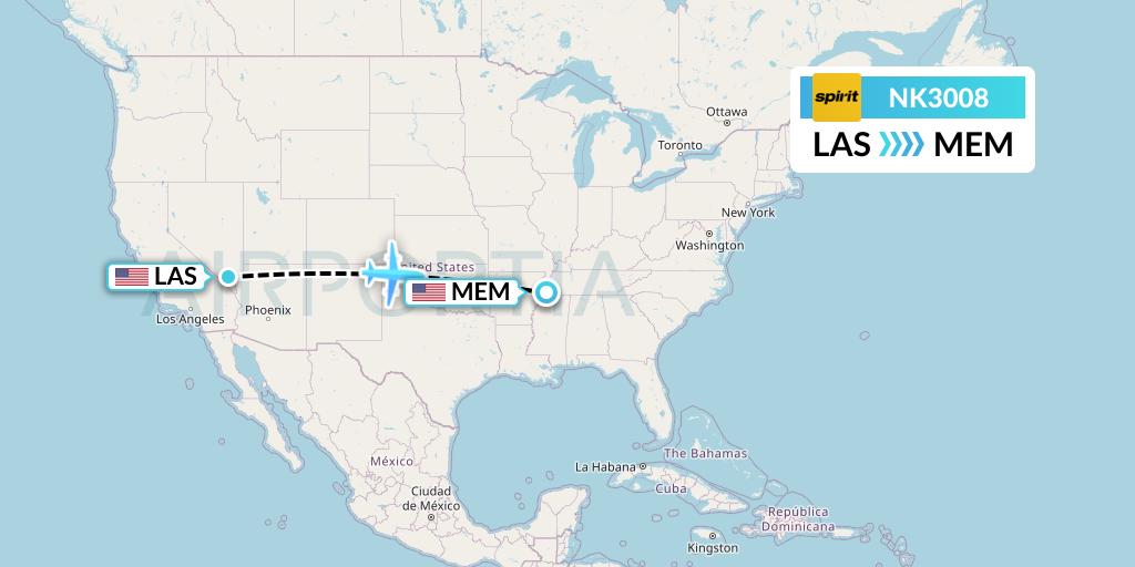 NK3008 Spirit Airlines Flight Map: Las Vegas to Memphis
