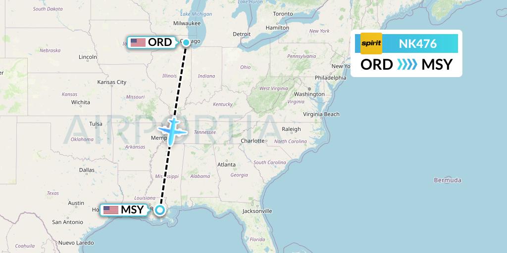 NK476 Spirit Airlines Flight Map: Chicago to New Orleans
