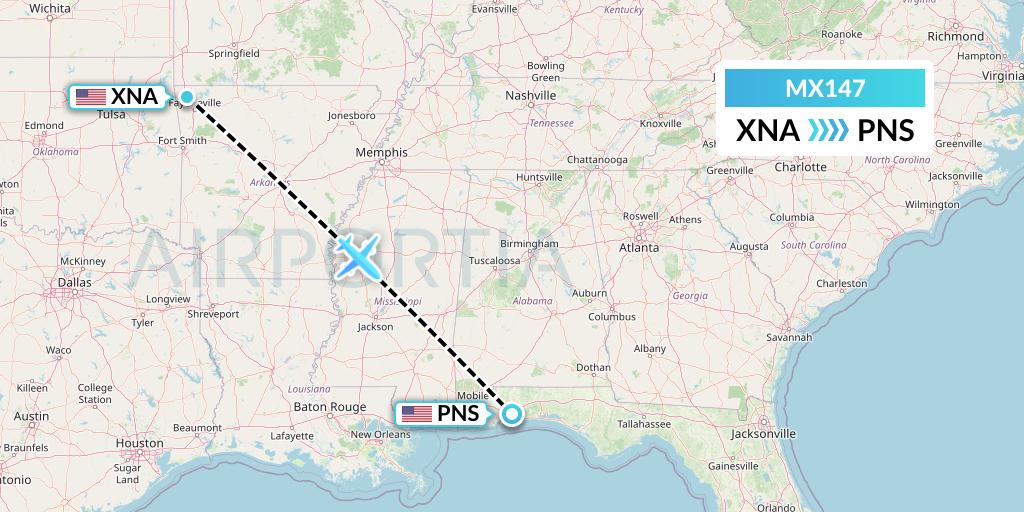 MX147 Breeze Airways Flight Map: Bentonville to Pensacola