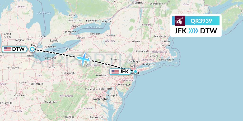 QR3939 Qatar Airways Flight Map: New York to Detroit