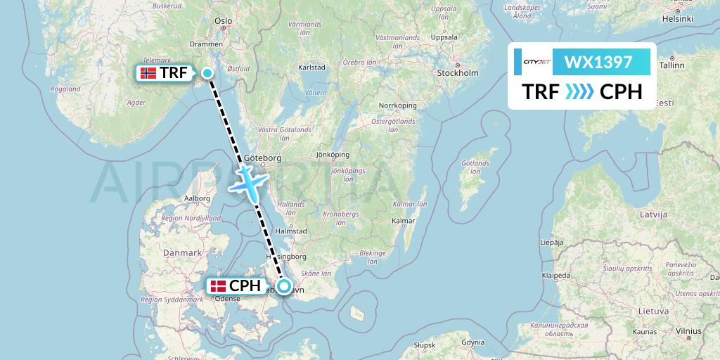 WX1397 Cityjet Flight Map: Oslo to Copenhagen