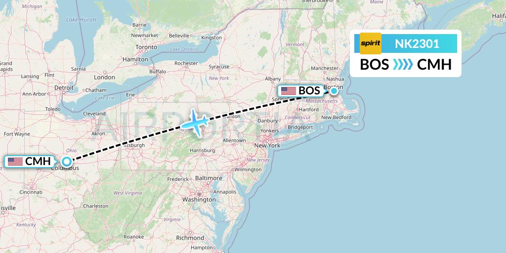 NK2301 Spirit Airlines Flight Map: Boston to Columbus
