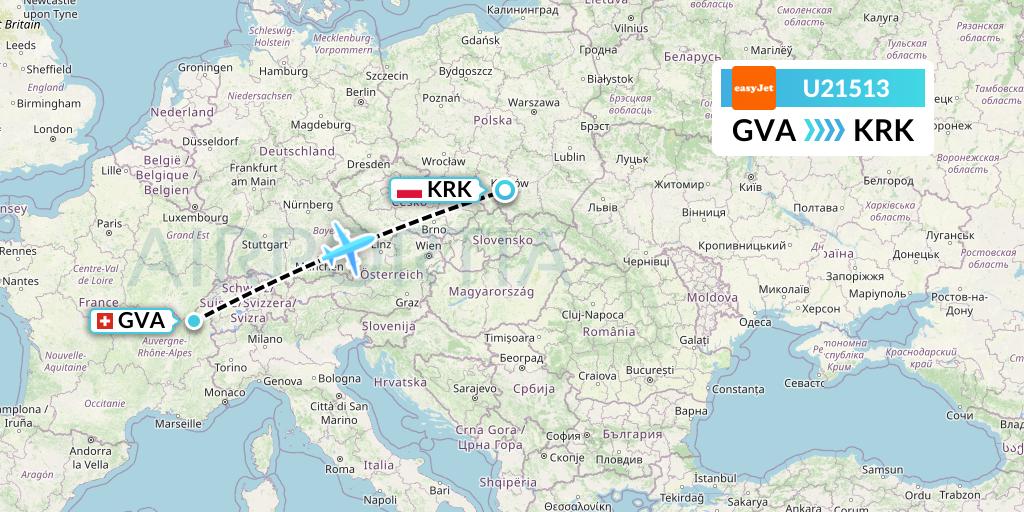U21513 EasyJet Flight Map: Geneva to Krakow
