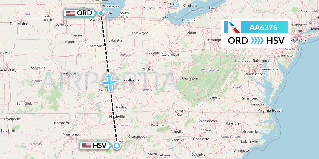 AA6376 American Airlines Flight Map: Chicago to Huntsville