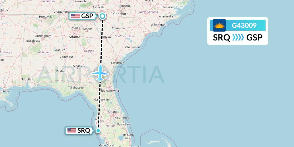 G43009 Allegiant Air Flight Map: Sarasota to Greenville-Spartanburg