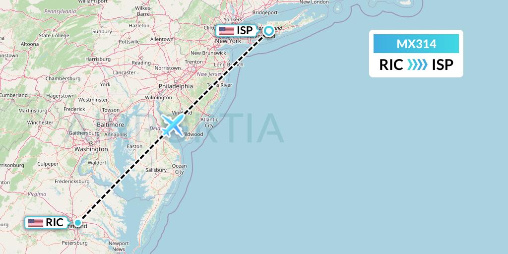 MX314 Breeze Airways Flight Map: Richmond to Islip