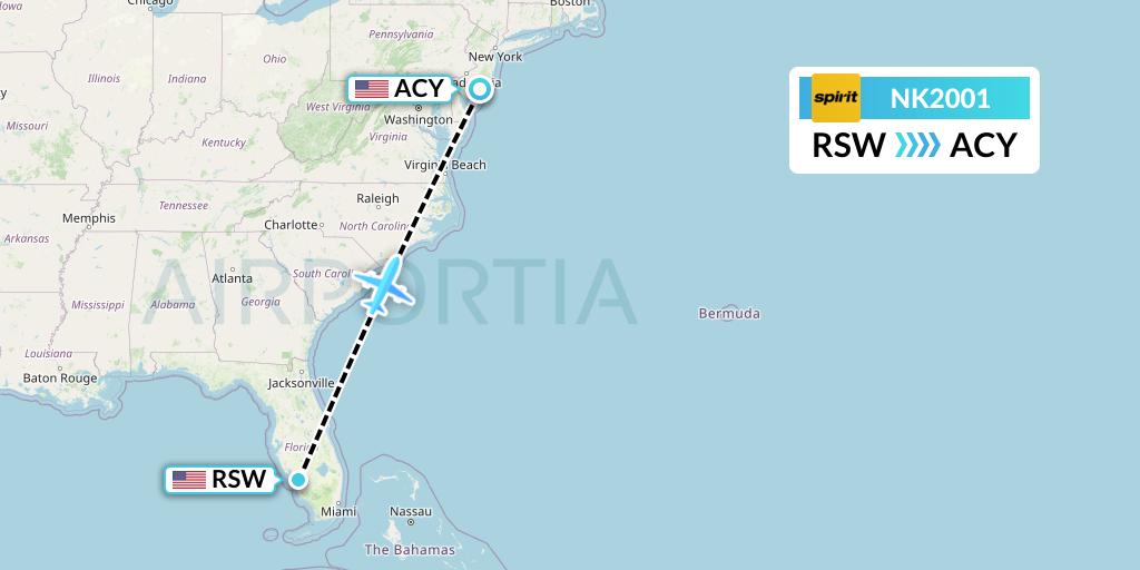 NK2001 Spirit Airlines Flight Map: Fort Myers to Atlantic City