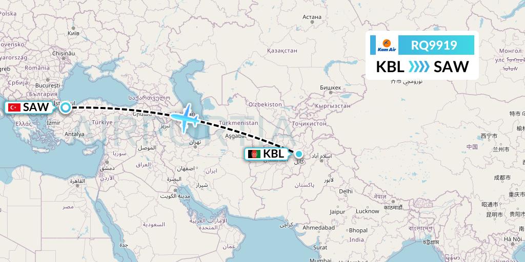 RQ9919 Kam Air Flight Map: Kabul to Istanbul