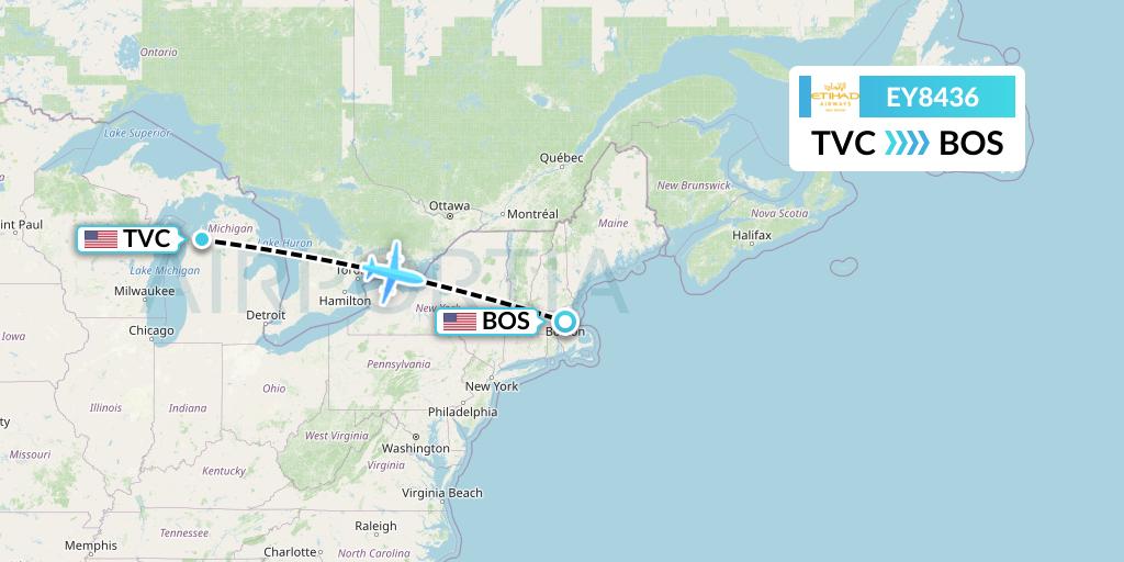 EY8436 Etihad Airways Flight Map: Traverse City to Boston