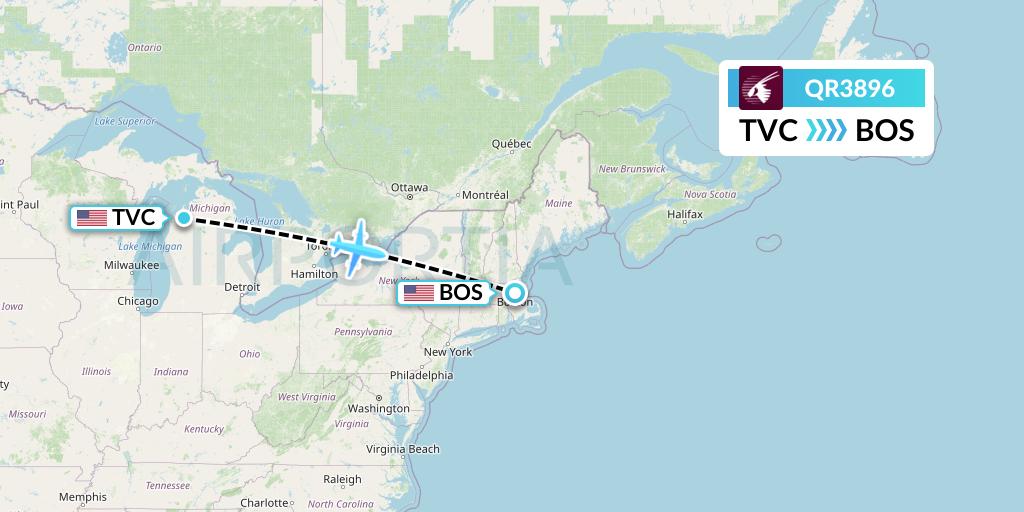 QR3896 Qatar Airways Flight Map: Traverse City to Boston