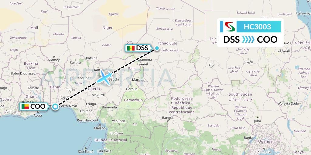 HC3003 Air Senegal Flight Map: Dakar to Cotonou