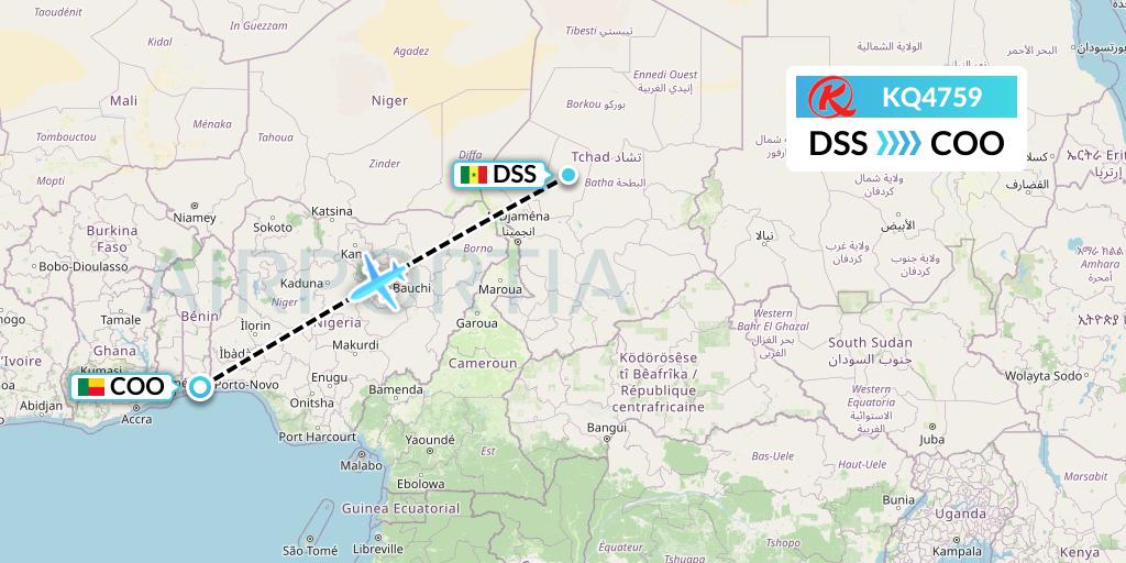KQ4759 Kenya Airways Flight Map: Dakar to Cotonou