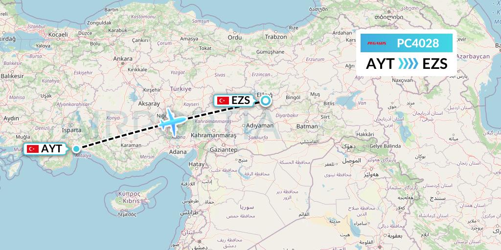 PC4028 Pegasus Airlines Flight Map: Antalya to Elazig