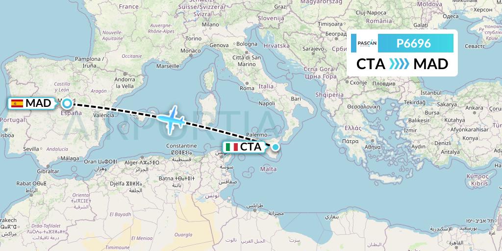 P6696 Pascan Aviation Flight Map: Catania to Madrid