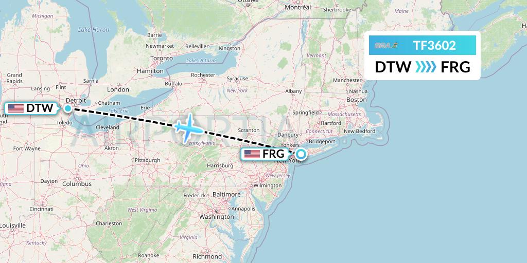 TF3602 Malmo Aviation Flight Map: Detroit to Farmingdale