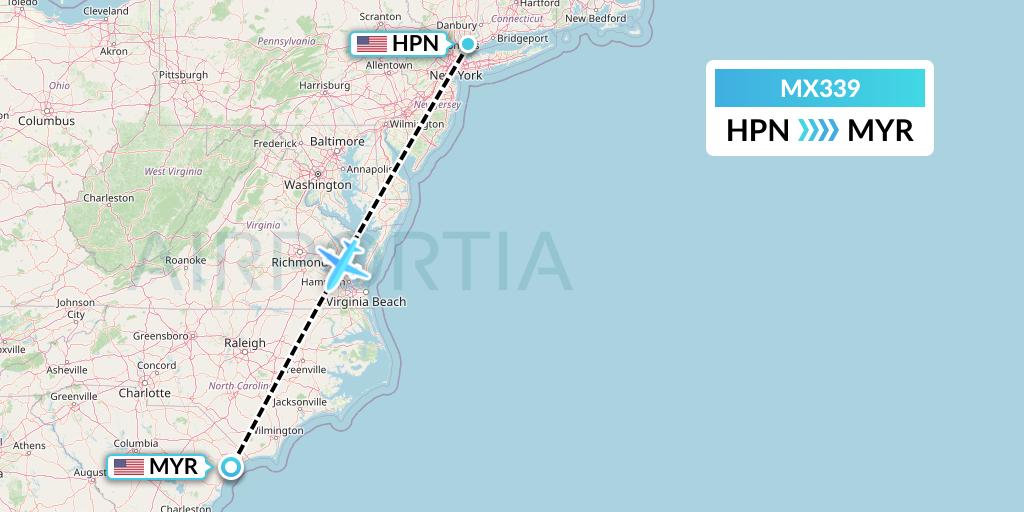 MX339 Breeze Airways Flight Map: White Plains to Myrtle Beach