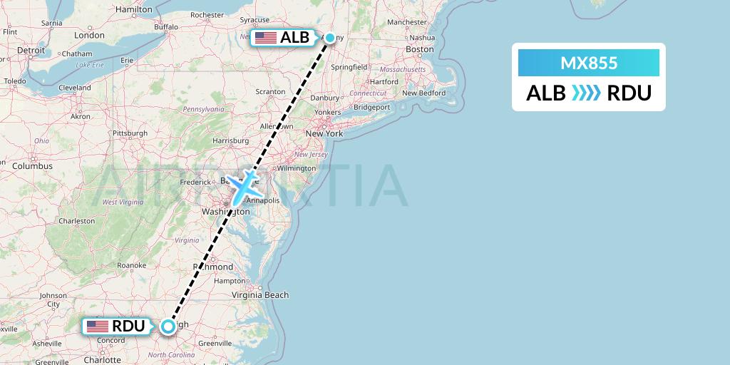 MX855 Breeze Airways Flight Map: Albany to Raleigh-Durham