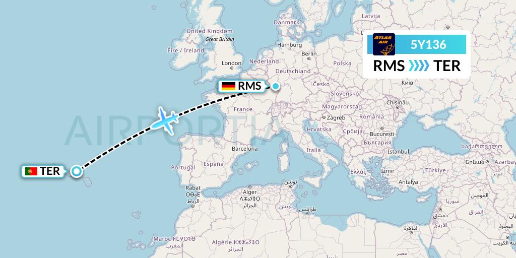 5Y136 Atlas Air Flight Map: Ramstein to Lajes