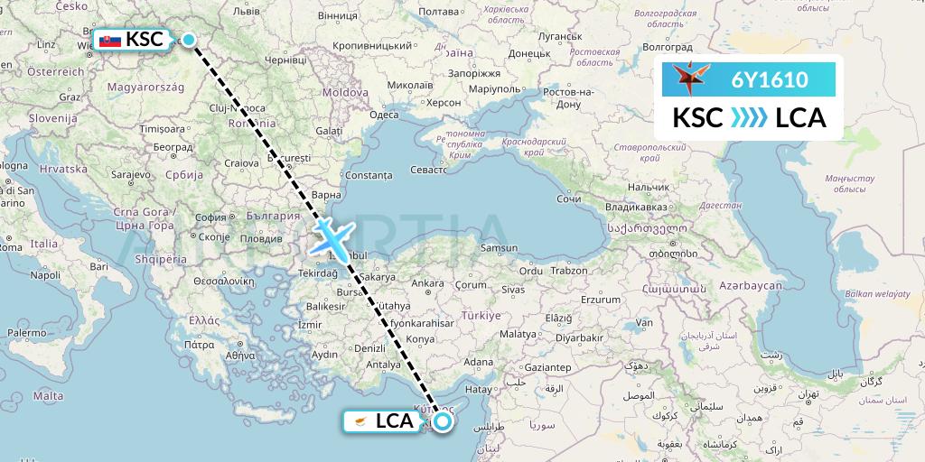 6Y1610 SmartLynx Flight Map: Kosice to Larnaca