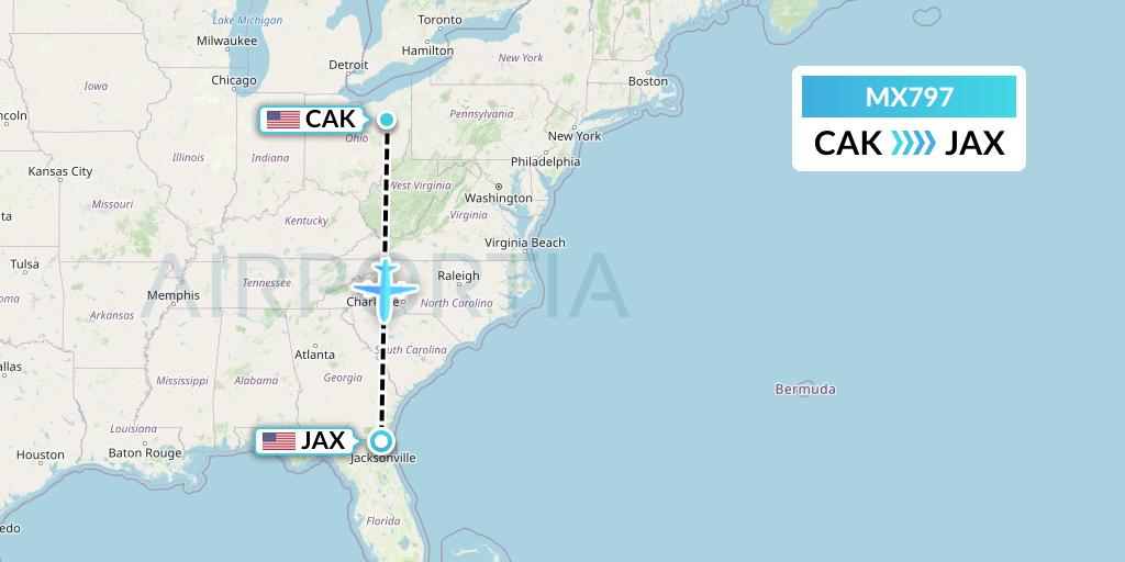 MX797 Breeze Airways Flight Map: Akron to Jacksonville