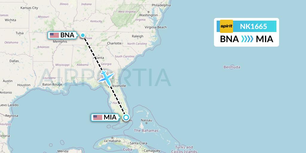NK1665 Spirit Airlines Flight Map: Nashville to Miami
