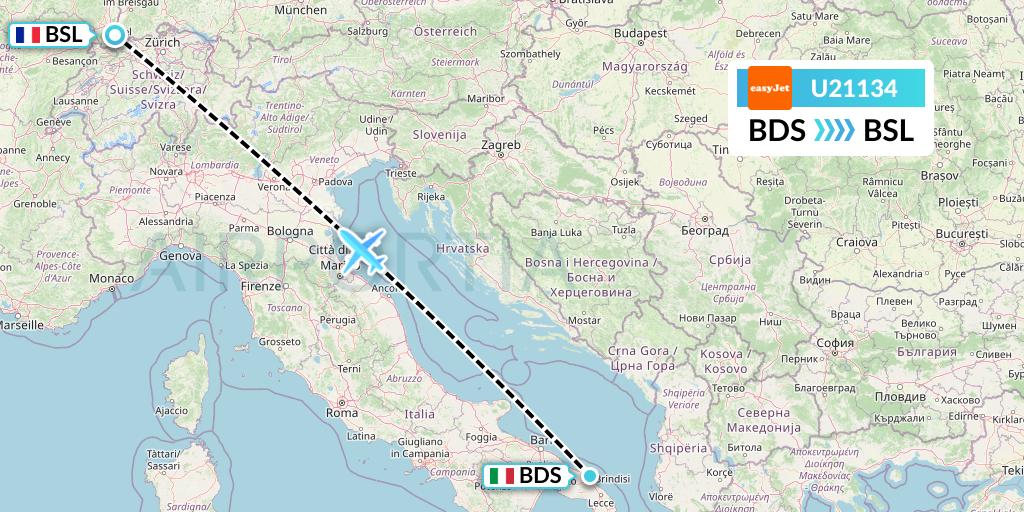 U21134 EasyJet Flight Map: Brindisi to Basel