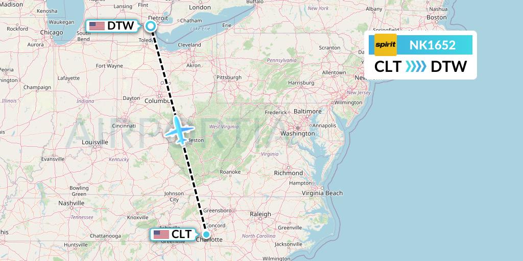 NK1652 Spirit Airlines Flight Map: Charlotte to Detroit