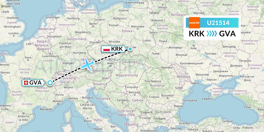 U21514 EasyJet Flight Map: Krakow to Geneva