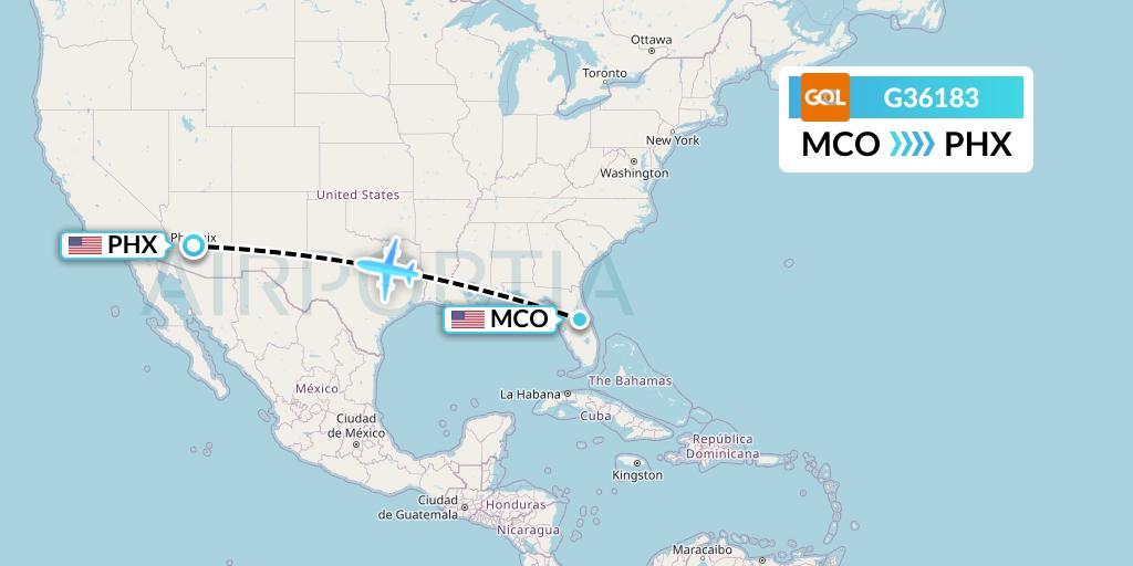 G36183 GOL Transportes Aeros Flight Map: Orlando to Phoenix