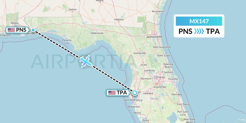 MX147 Breeze Airways Flight Map: Pensacola to Tampa